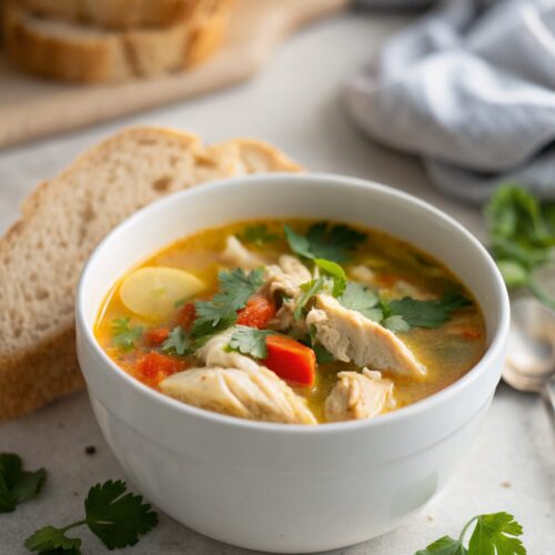Featured image showing a delicious bowl of Thai Ginger Chicken Soup.
