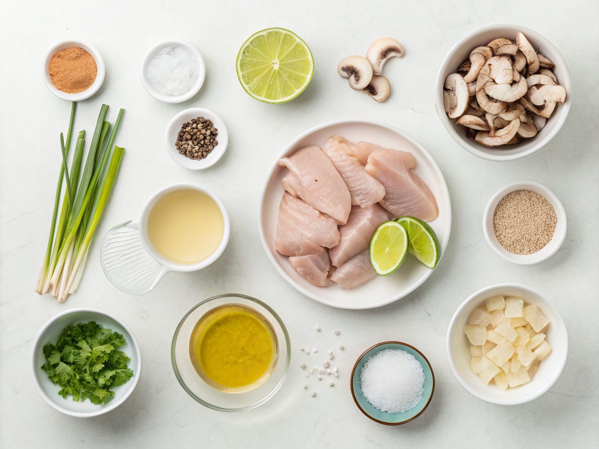 Ingredients for making Thai Ginger Chicken Soup laid out on a counter.