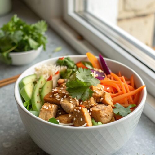 Deliciously arranged Thai Peanut Chicken Buddha Bowl ready to serve