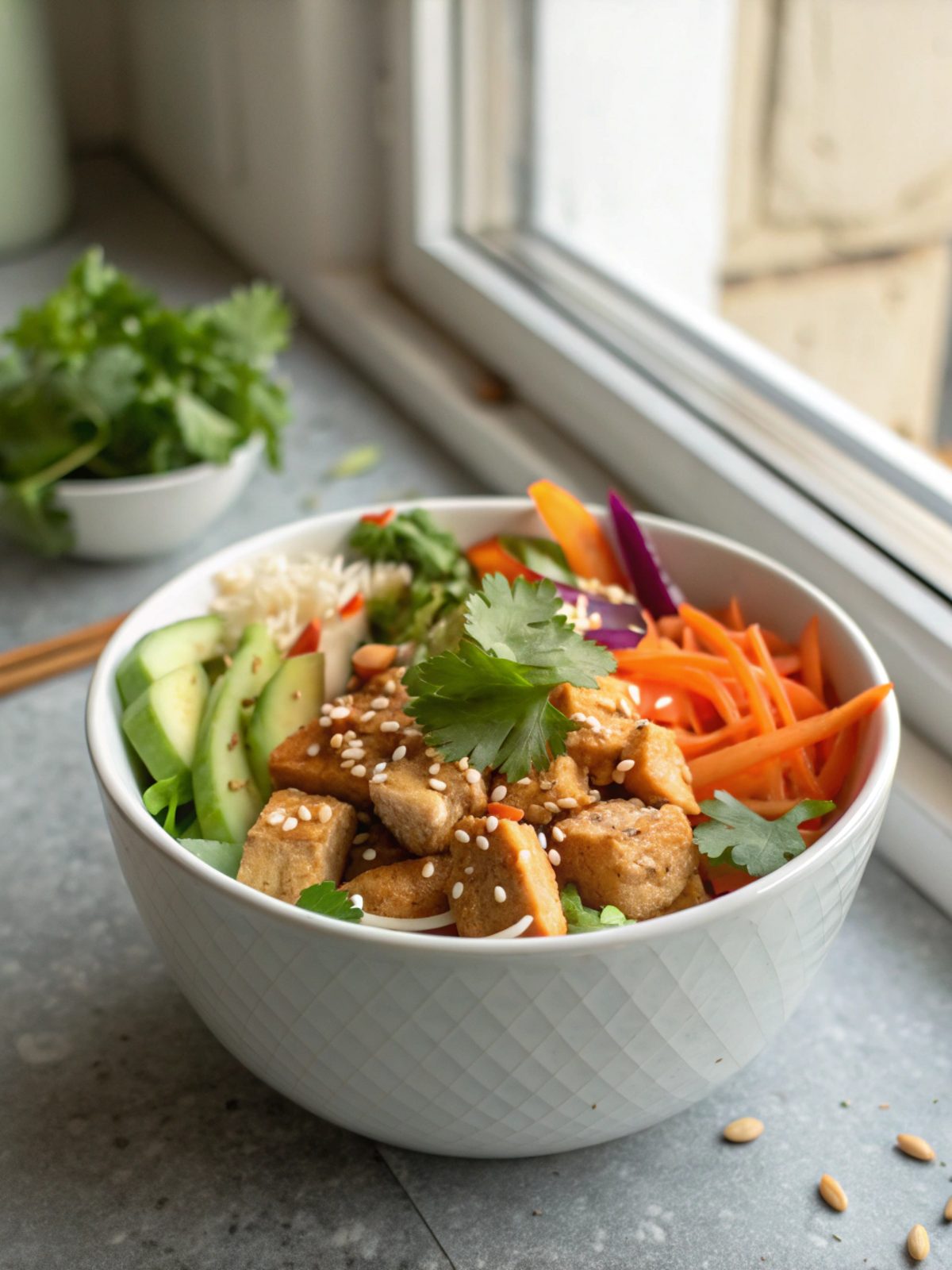 Deliciously arranged Thai Peanut Chicken Buddha Bowl ready to serve