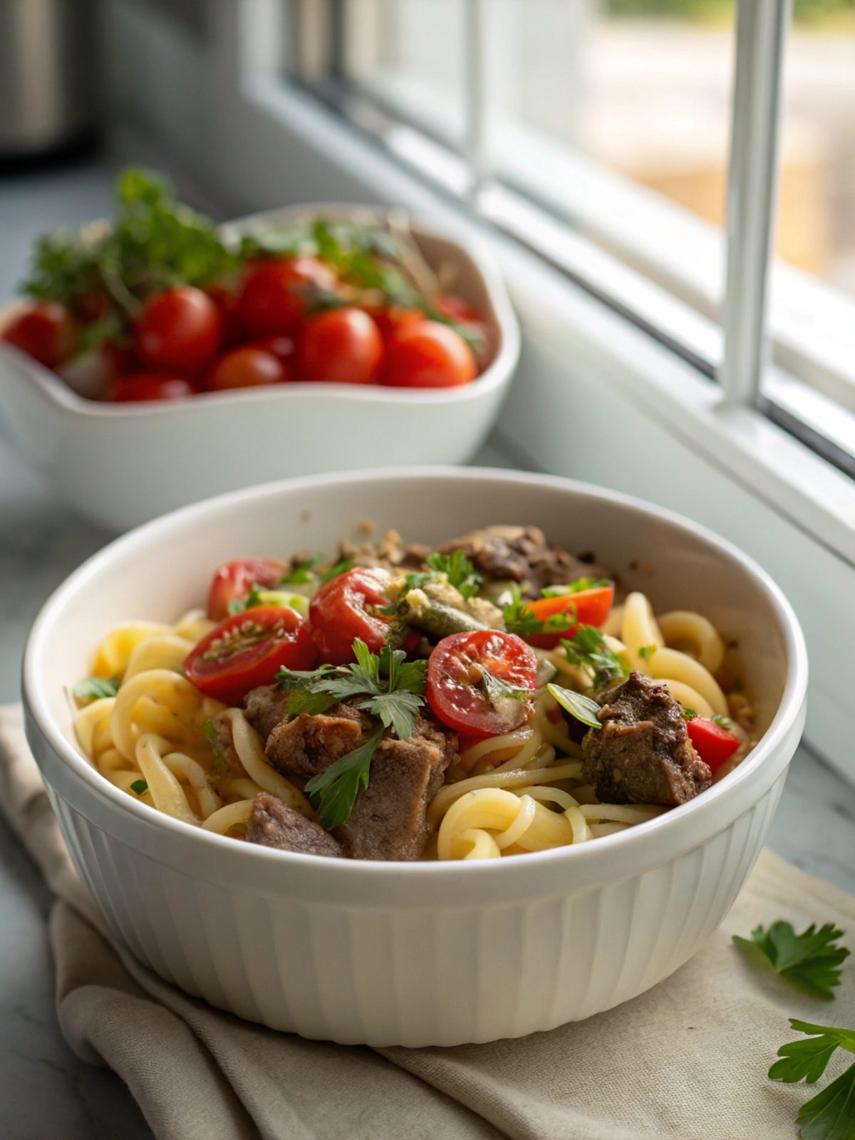 Elegant plating of Tipsy Italian Beef Pasta, showcasing its rich sauce and vibrant garnish.