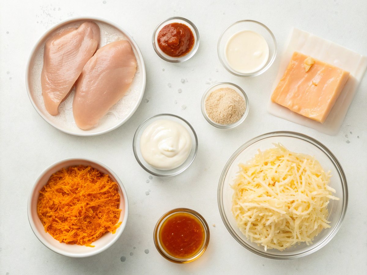 Ingredients for Instant Pot Buffalo Chicken Dip showcased on a kitchen counter.