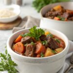 A beautifully served bowl of slow cooker beef stew, ready to enjoy.