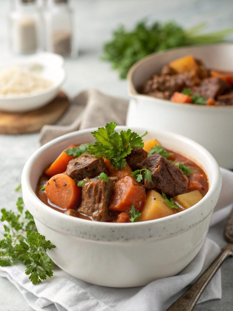 A beautifully served bowl of slow cooker beef stew, ready to enjoy.