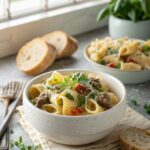 A serving of creamy beef shell pasta garnished with parsley in a white ceramic bowl