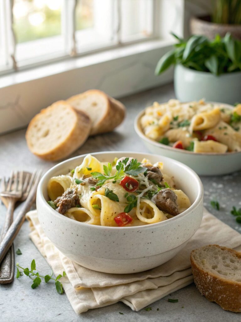 A serving of creamy beef shell pasta garnished with parsley in a white ceramic bowl