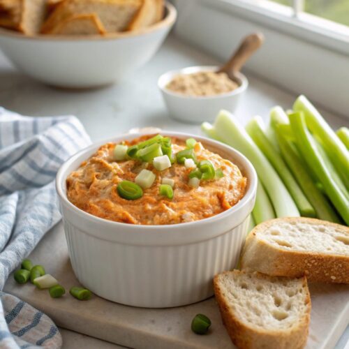 A perfectly styled Crockpot Buffalo Chicken Dip served hot.