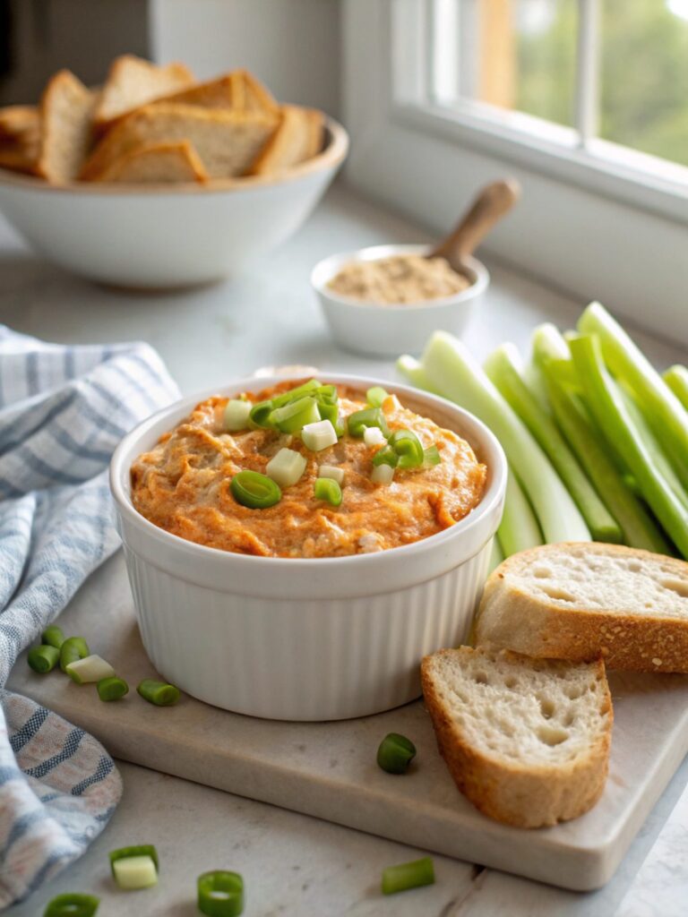 A perfectly styled Crockpot Buffalo Chicken Dip served hot.
