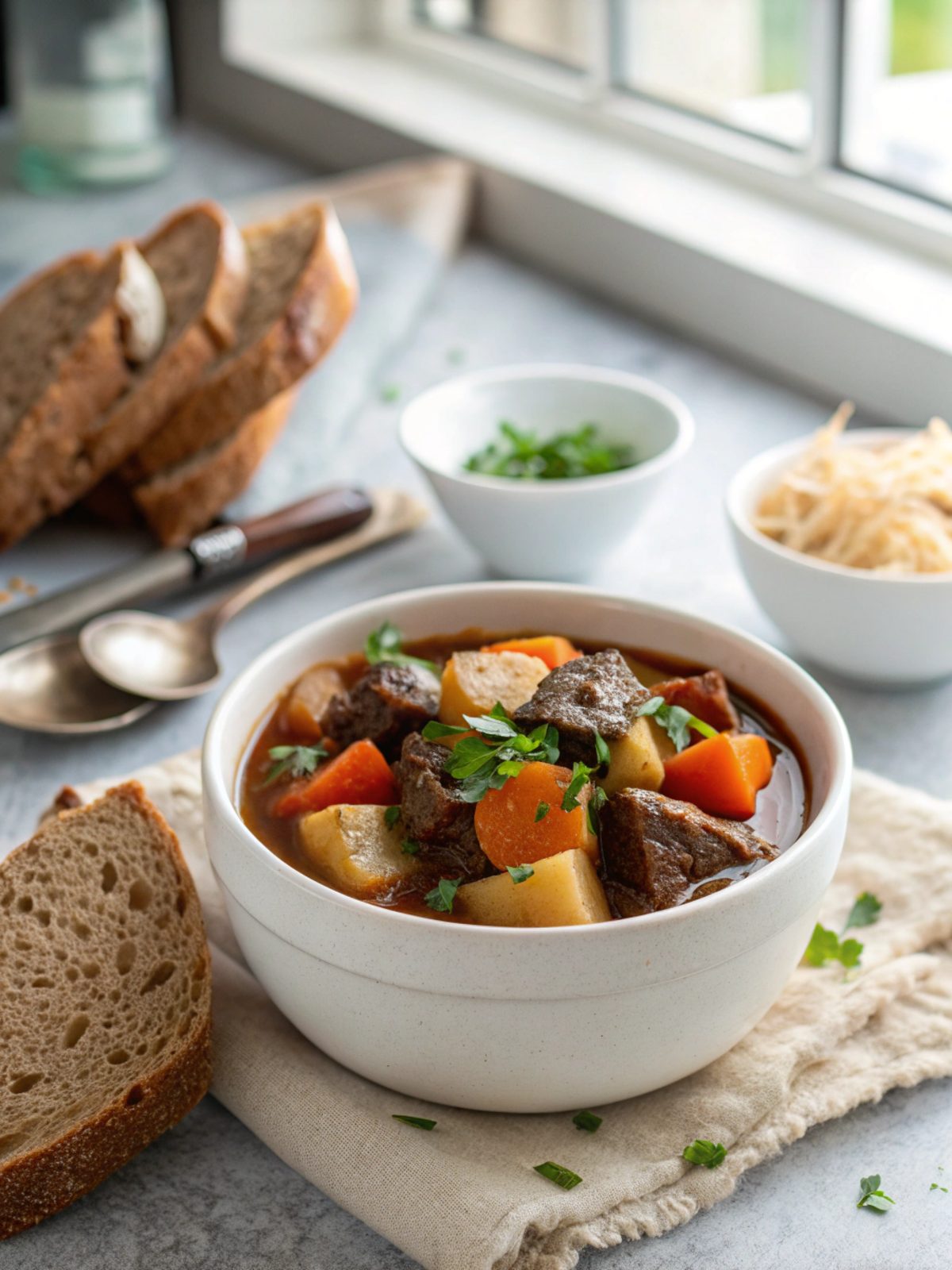 A delicious bowl of Guinness Beef Stew steeped in hearty flavors.
