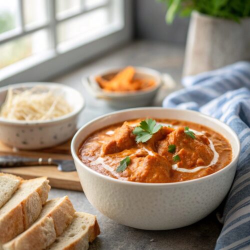 A vibrant homemade butter chicken recipe served in clean modern styling.