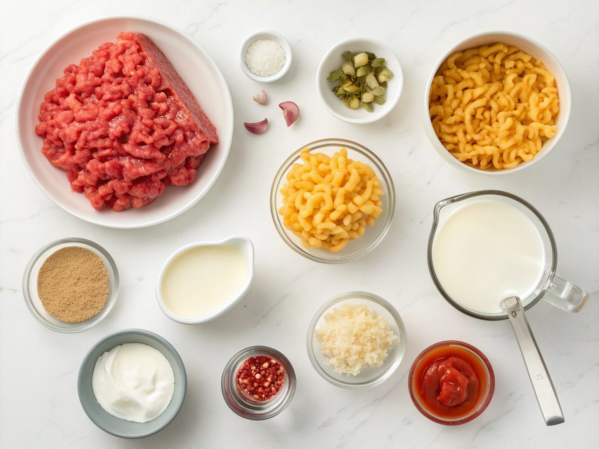 Illustration showing key ingredients for Cheeseburger Macaroni Soup
