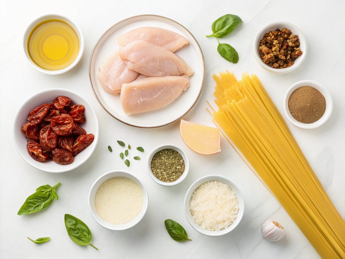 Flat lay of ingredients for creamy marry me chicken pasta on a kitchen counter