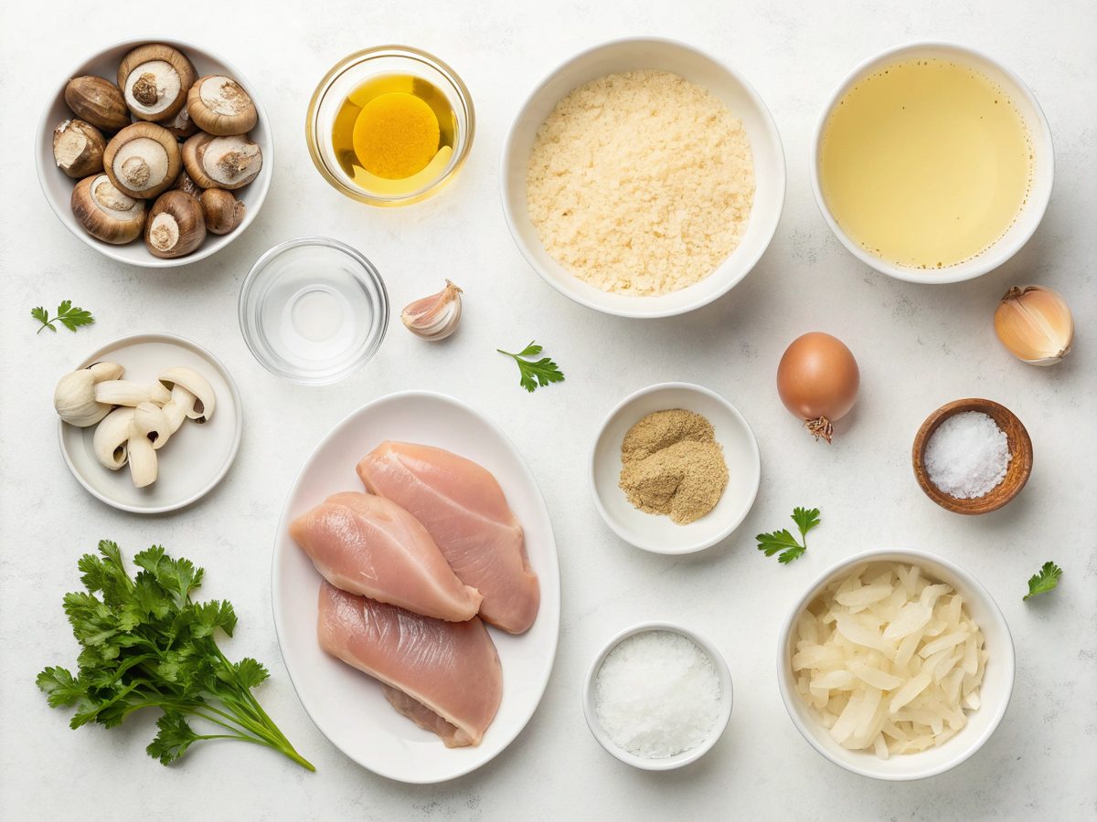 Ingredients laid out for making Creamy Smothered Chicken Rice, including chicken, rice, and mushrooms.