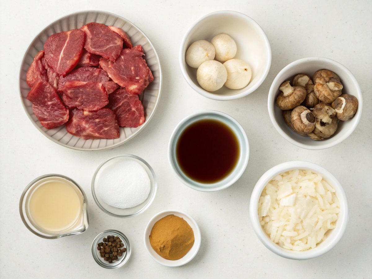 Ingredients laid out for making Crockpot Beef Stroganoff