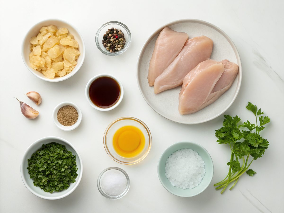 Ingredients for Honey Garlic Chicken Breasts: Chicken breasts, honey, garlic, soy sauce, and parsley.