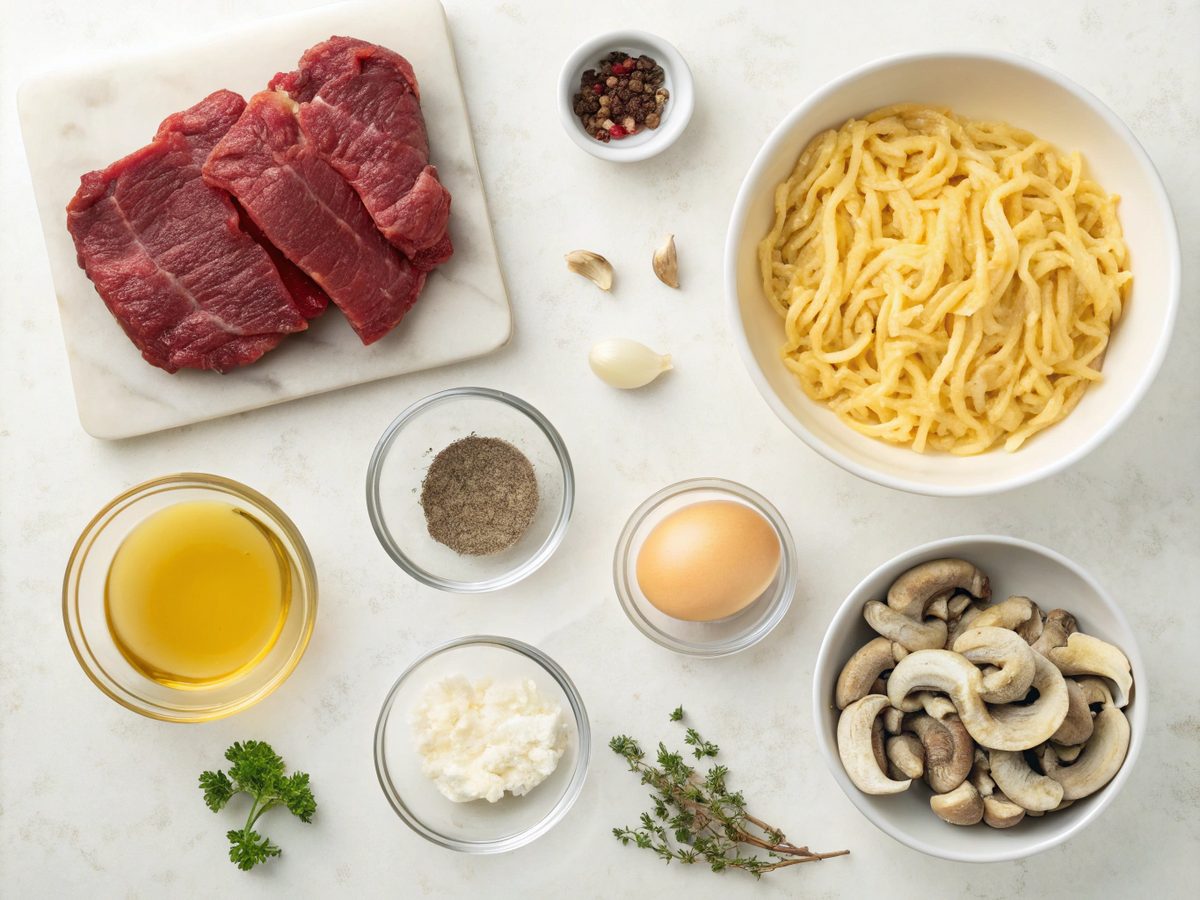 Ingredients for beef and noodles recipe including beef, noodles, broth, and vegetables.