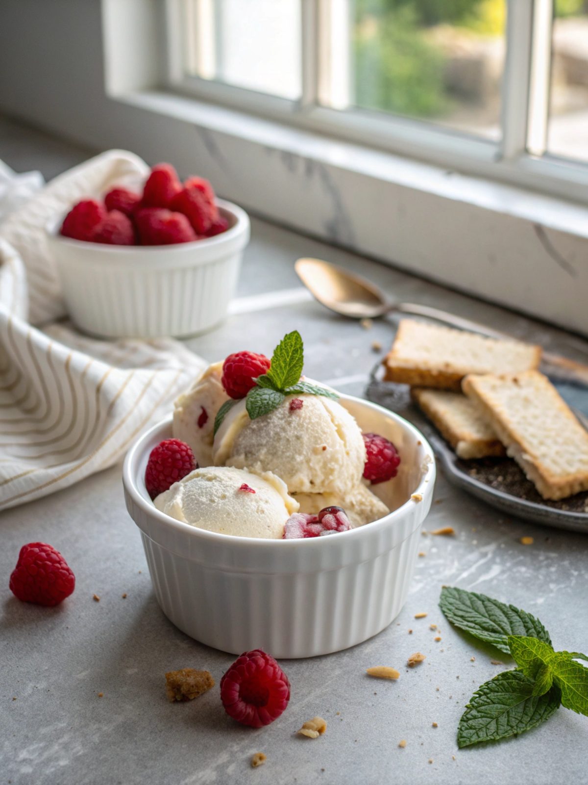 White Chocolate Raspberry Protein Ice Cream served attractively