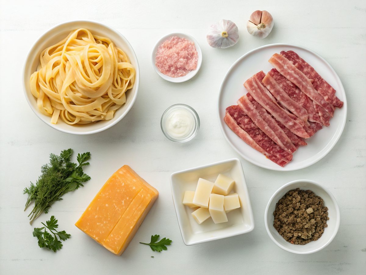 Ingredients for making Bacon Cheeseburger Alfredo Pasta laid out on a kitchen counter