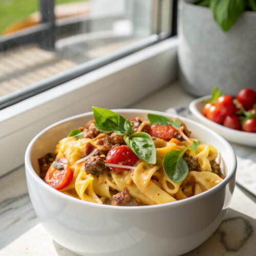 A delicious serving of Bacon Cheeseburger Alfredo Pasta