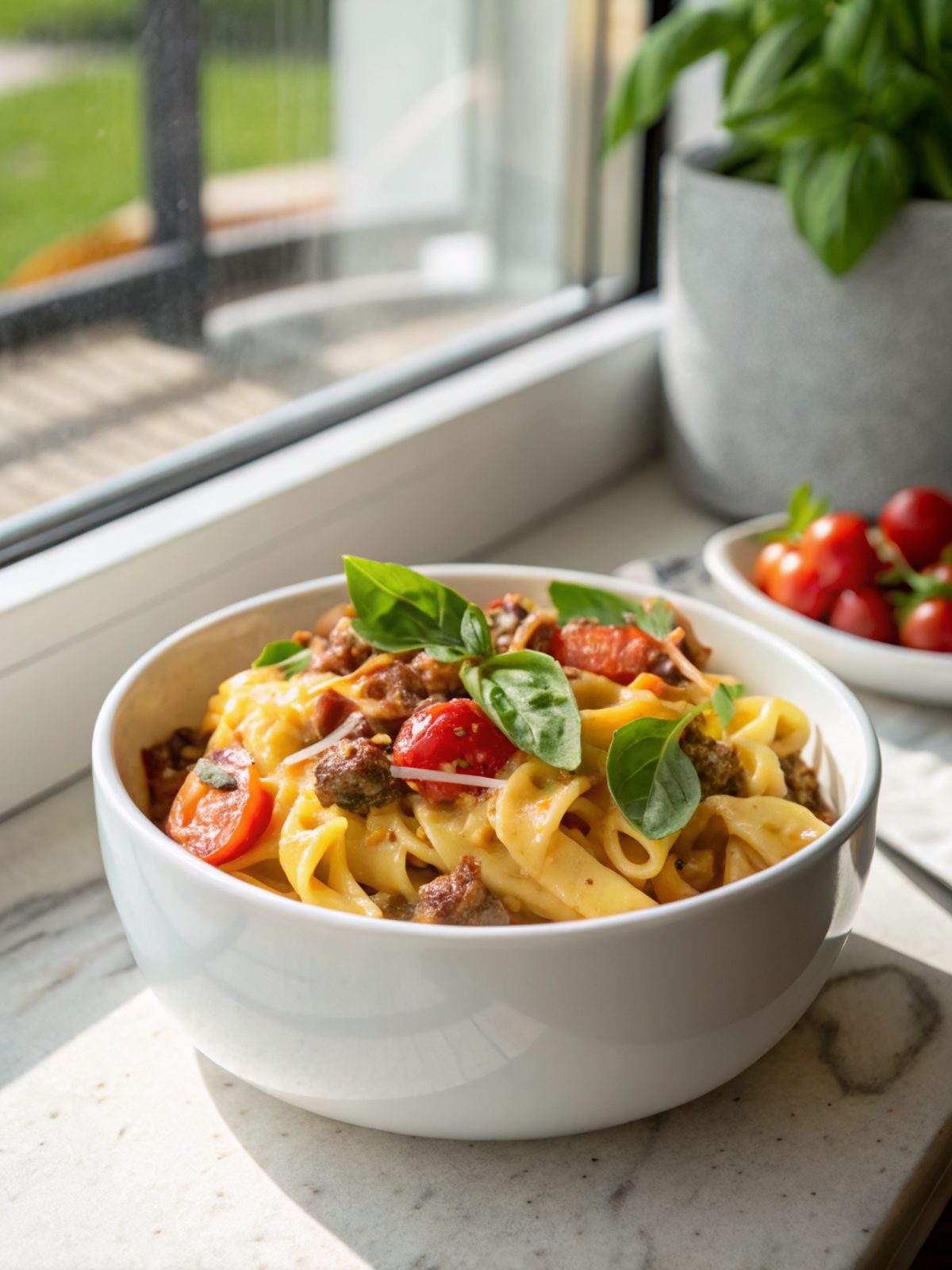 A delicious serving of Bacon Cheeseburger Alfredo Pasta