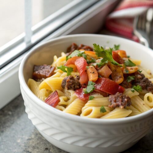 A close-up of a delicious bacon cheeseburger pasta recipe, fresh and ready to serve