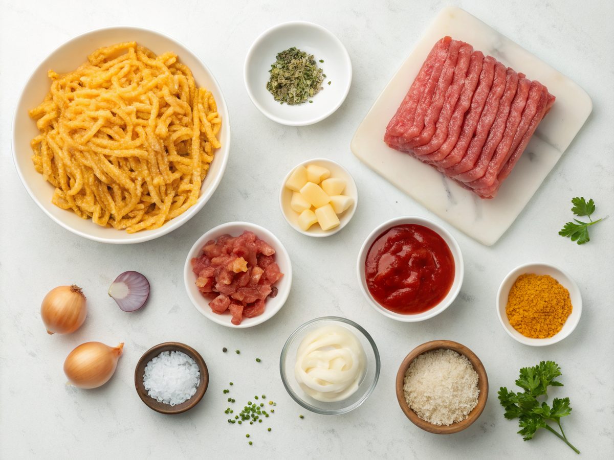 Ingredients for bacon cheeseburger pasta recipe, including pasta, beef, bacon, cheese