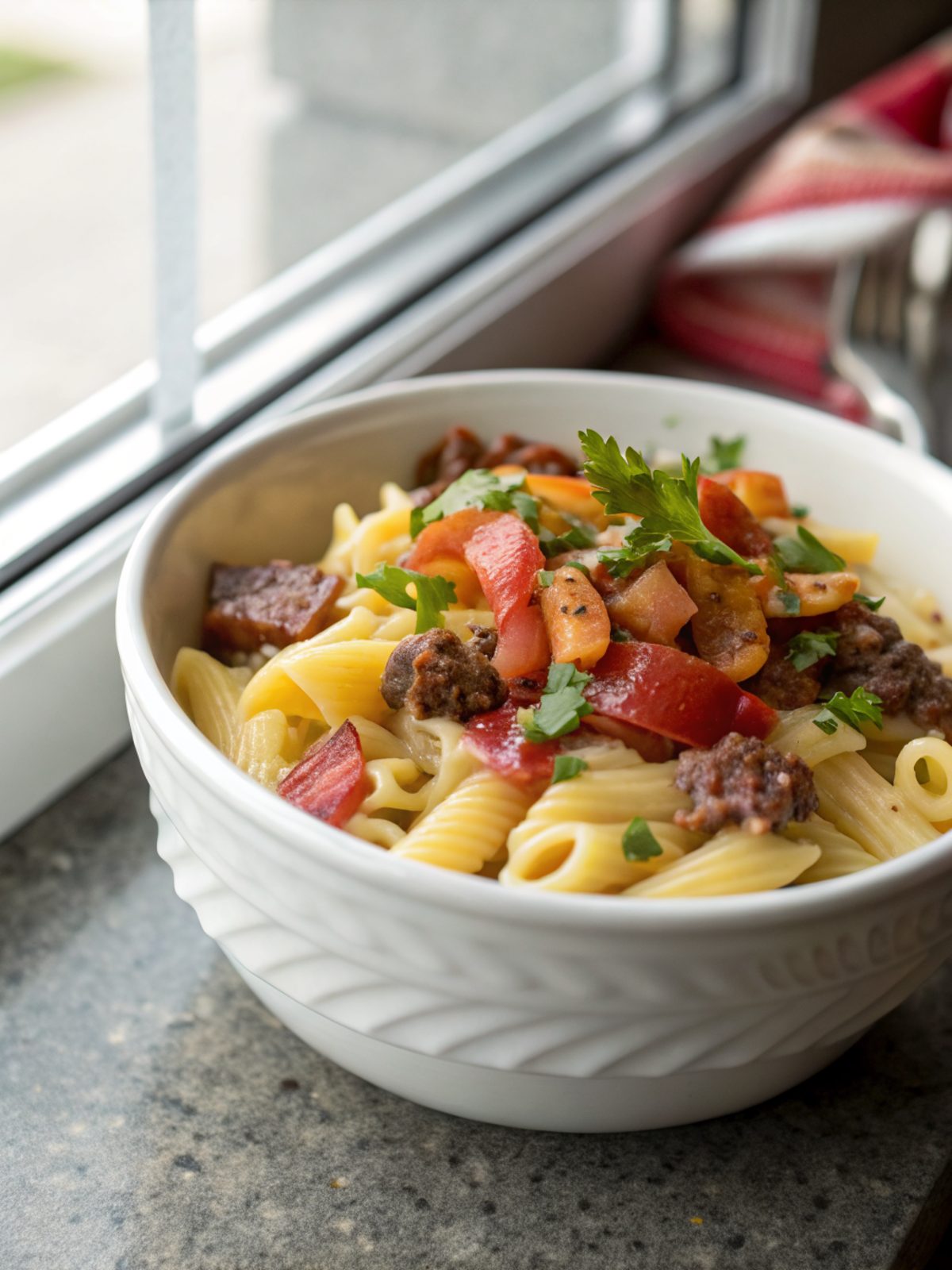 A close-up of a delicious bacon cheeseburger pasta recipe, fresh and ready to serve