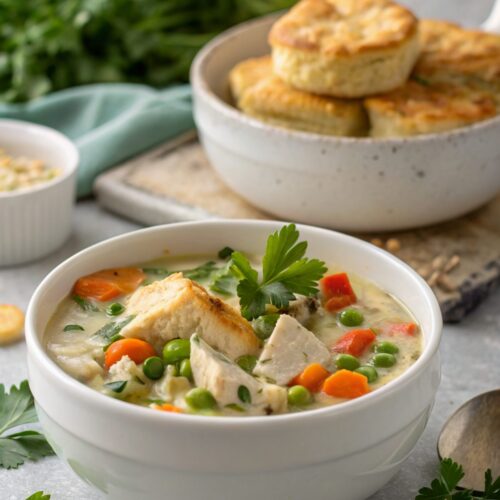 Close-up of a bowl of inviting chicken pot pie soup served warm and garnished.