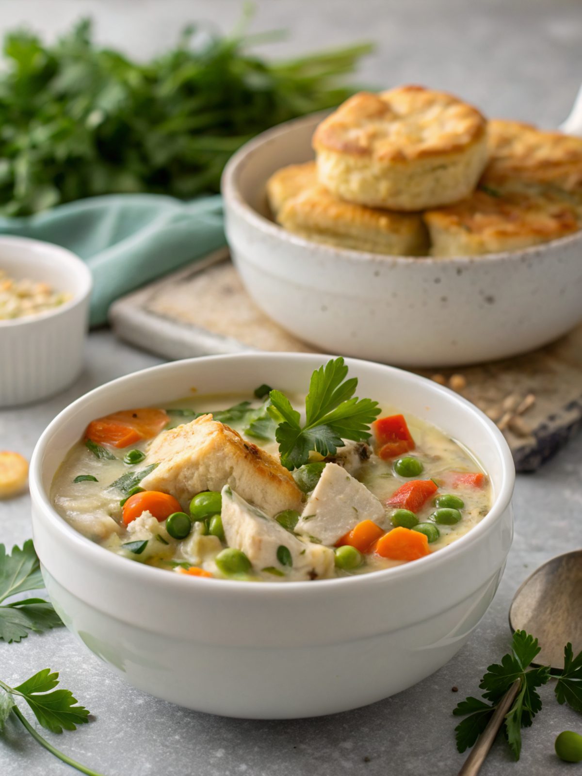 Close-up of a bowl of inviting chicken pot pie soup served warm and garnished.
