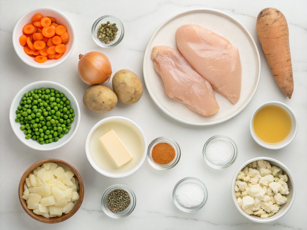A top view of chicken pot pie soup ingredients including diced chicken, vegetables, and spices.