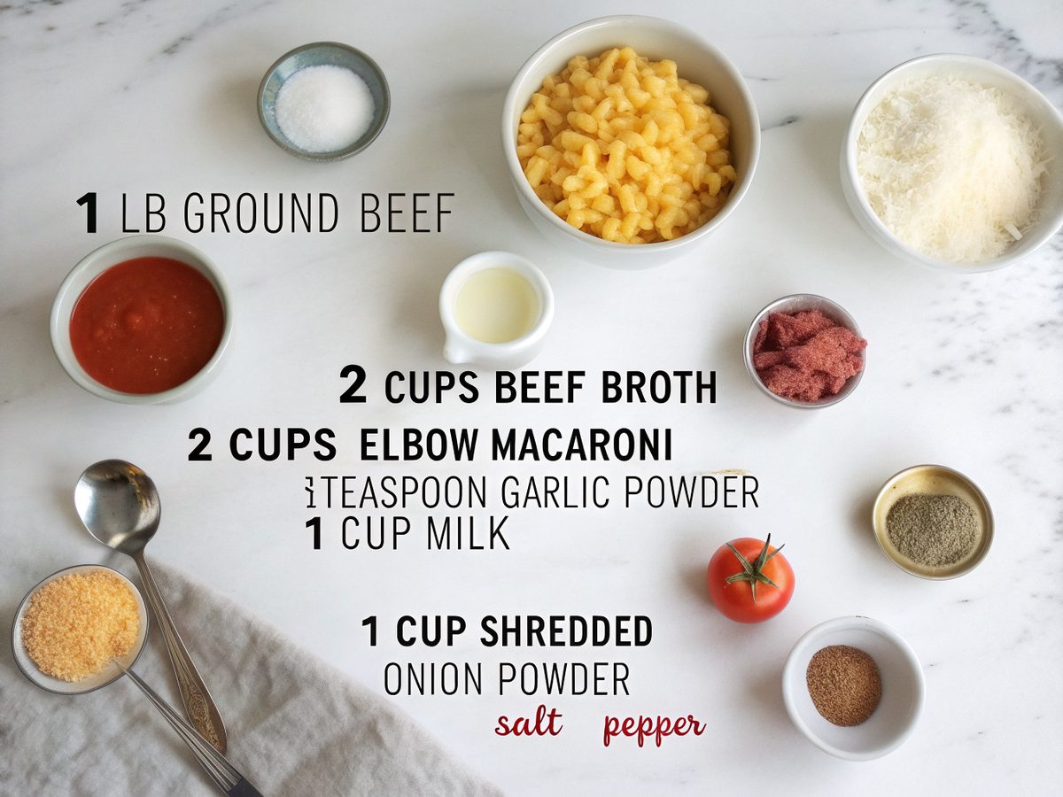 Ingredients for Ground Beef Hamburger Helper laid out on a kitchen counter