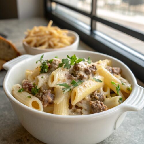 Close-up image of creamy cheesy penne with ground beef served in a bowl