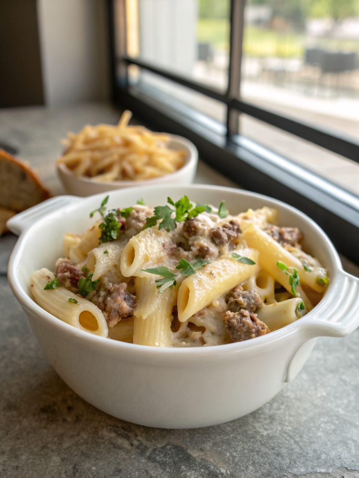 Close-up image of creamy cheesy penne with ground beef served in a bowl