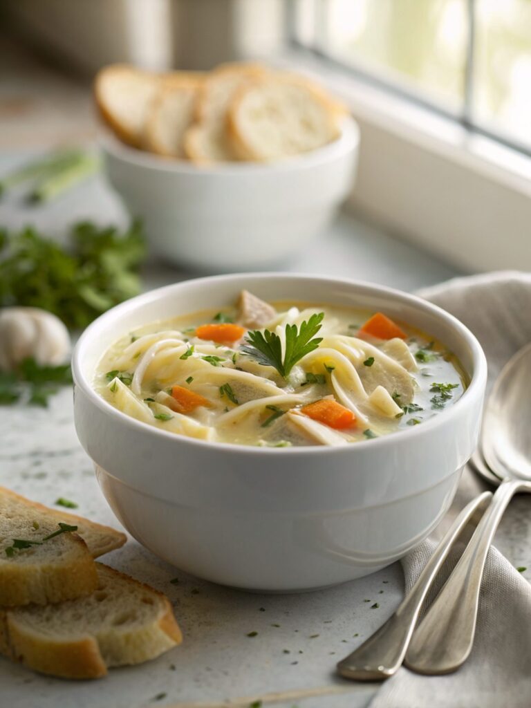 Creamy Chicken Noodle Soup Recipe served in a ceramic bowl with fresh herbs