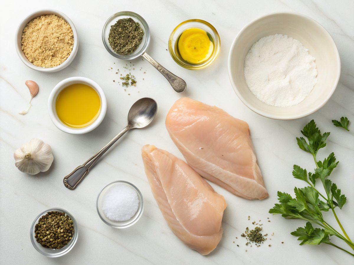 A flat lay of the ingredients needed for a creamy herb chicken dinner.