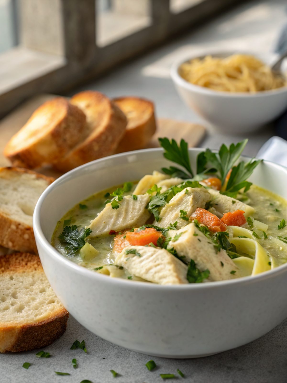 A beautifully plated creamy herb chicken dinner showcasing the delicious cream sauce and herbs.