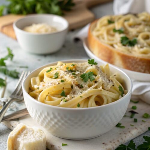 Beautifully plated creamy Parmesan garlic pasta, showcasing luxurious texture