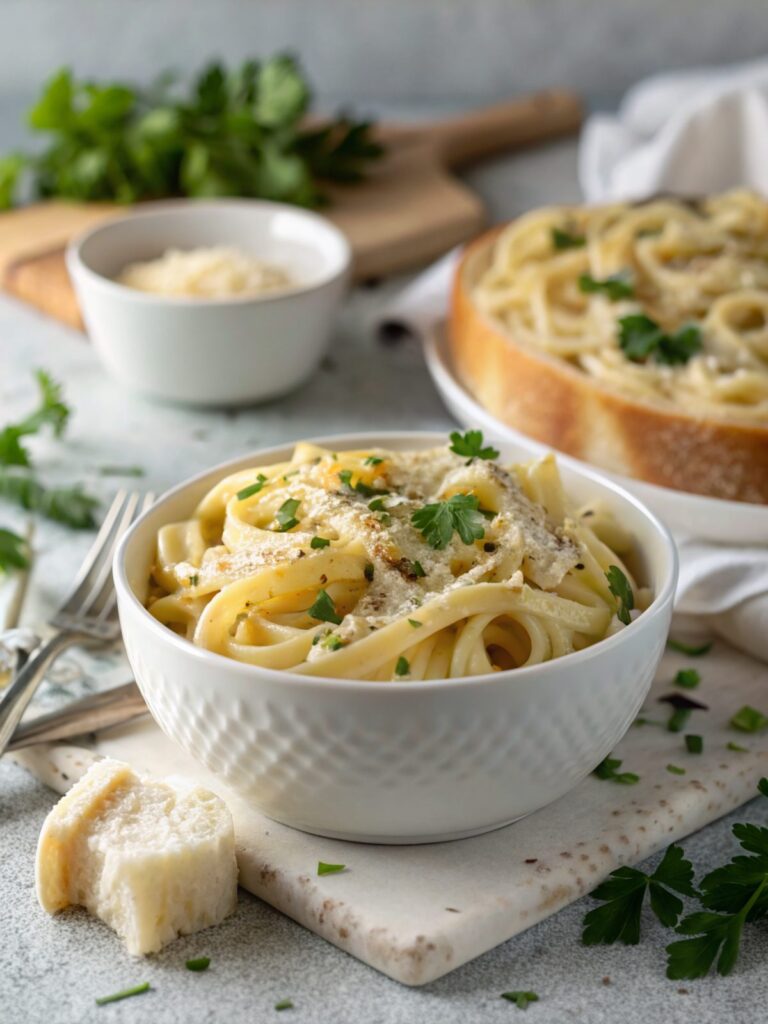 Beautifully plated creamy Parmesan garlic pasta, showcasing luxurious texture
