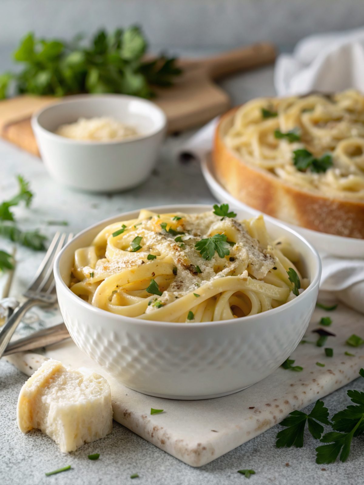 Beautifully plated creamy Parmesan garlic pasta, showcasing luxurious texture