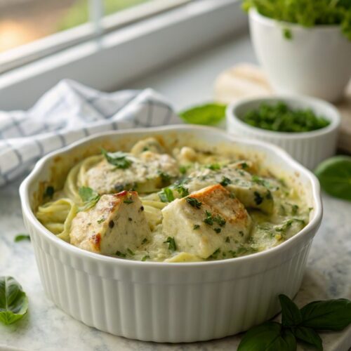 A vibrant and inviting image of creamy pesto chicken bake