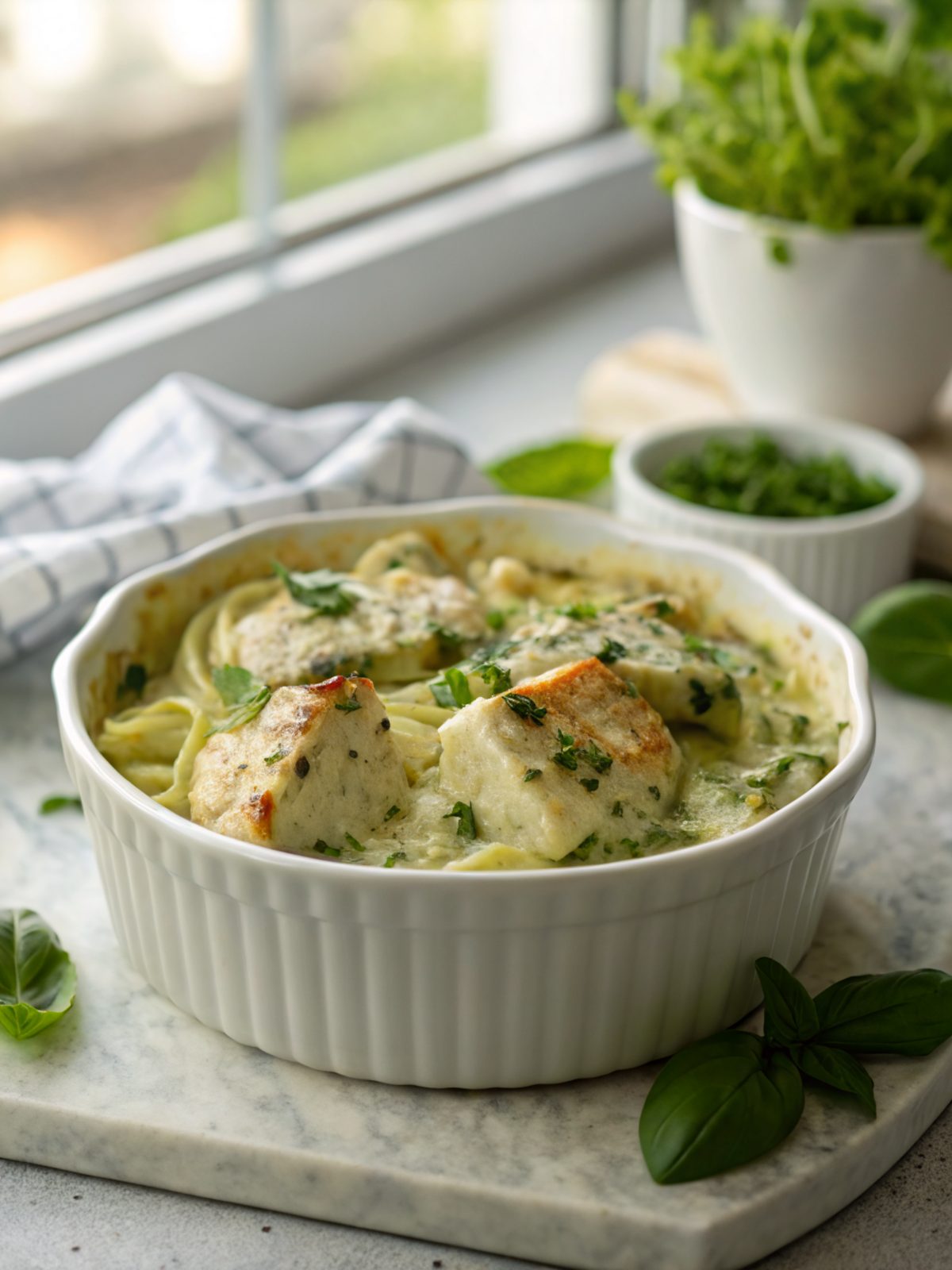 A vibrant and inviting image of creamy pesto chicken bake
