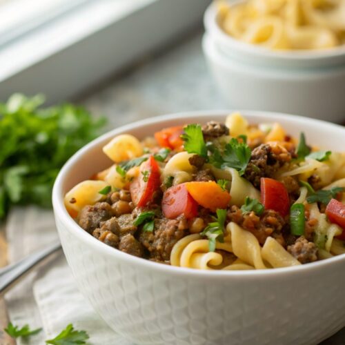Creamy and savory image of our Ground Beef Hamburger Helper, a comforting meal