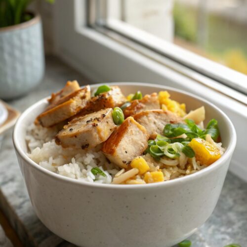 Delicious Honey Mustard Chicken Rice Bowl perfectly plated