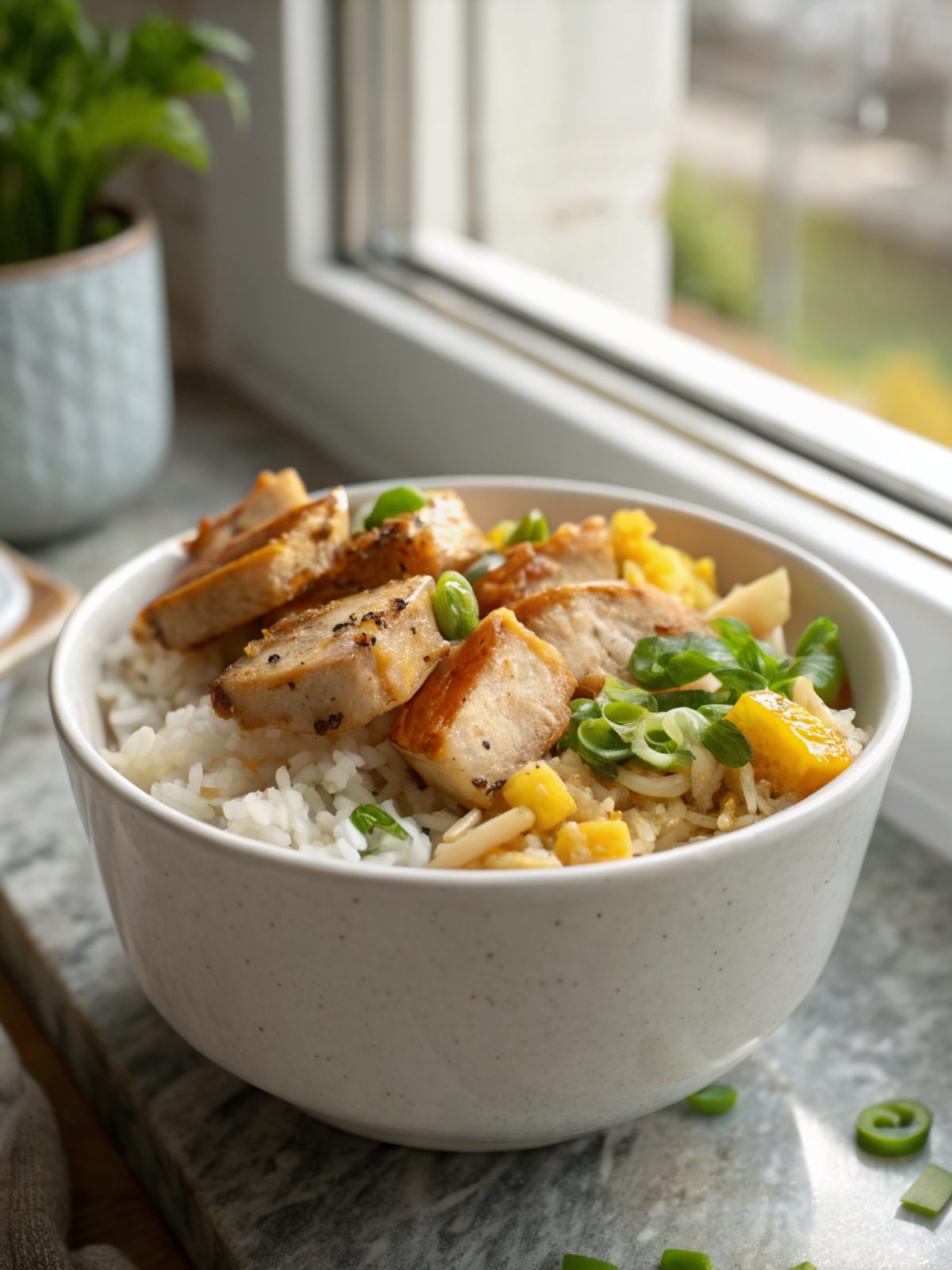 Delicious Honey Mustard Chicken Rice Bowl perfectly plated