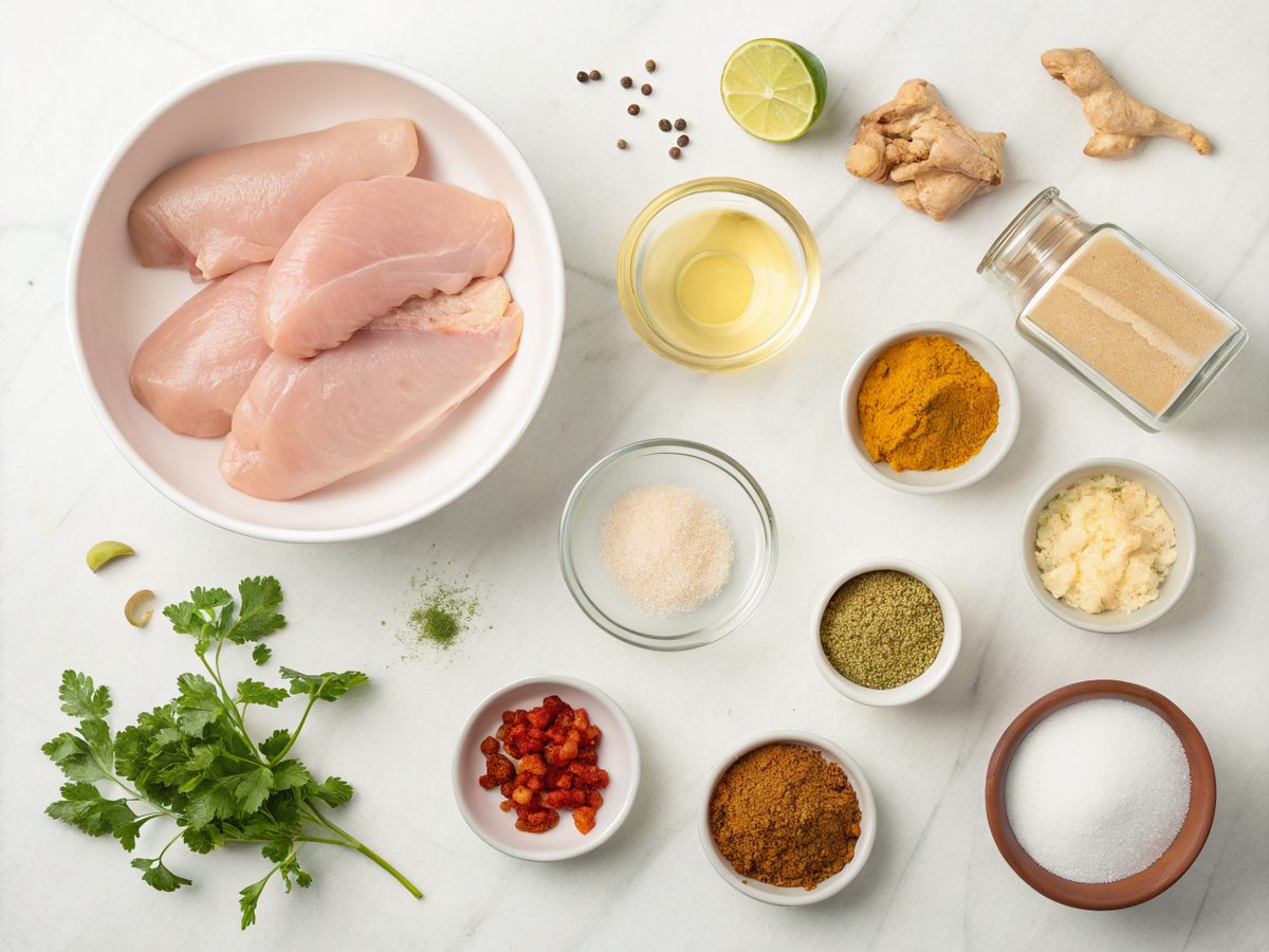 Ingredients for slow cooker coconut chicken curry, featuring fresh chicken, coconut milk, and spices.