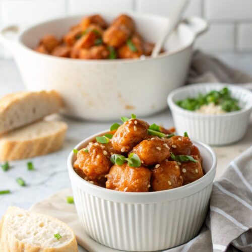 Close-up of exquisite honey garlic chicken bites, freshly made