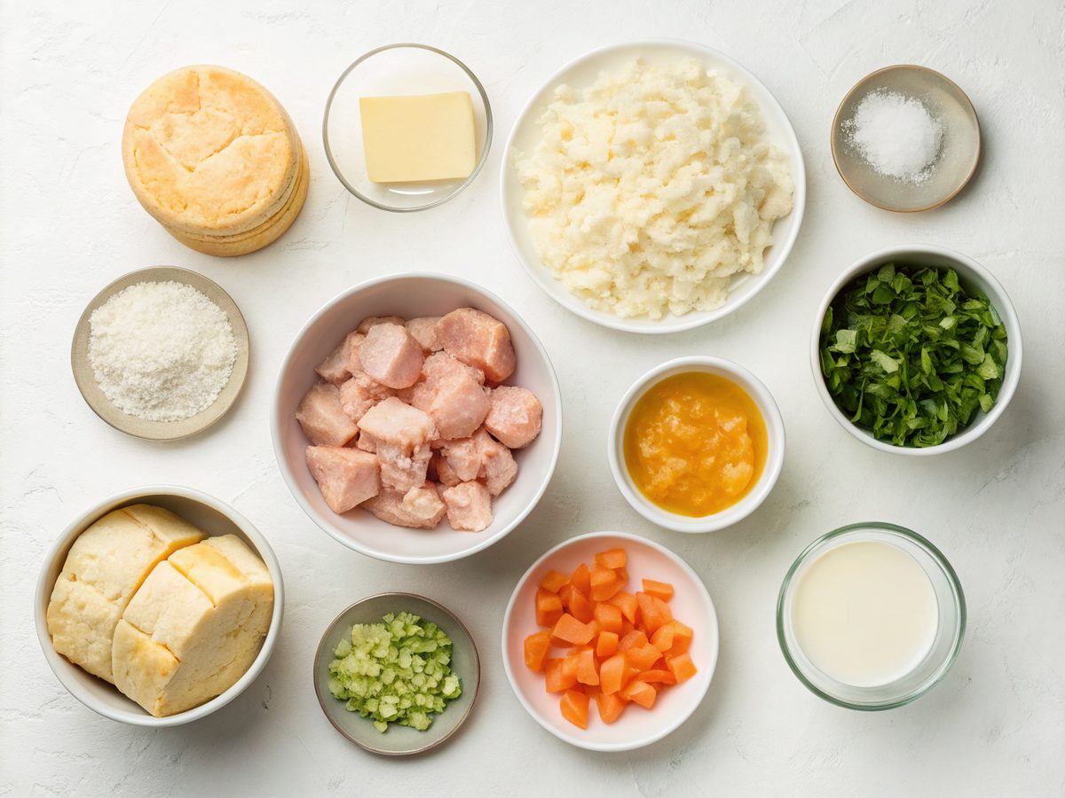 Ingredients needed for Red Lobster Biscuit Chicken Pot Pie displayed
