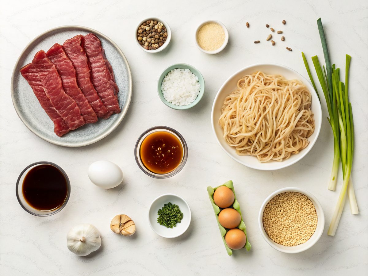 Essential ingredients for beef ramen noodles recipe, including beef, noodles, and spices.
