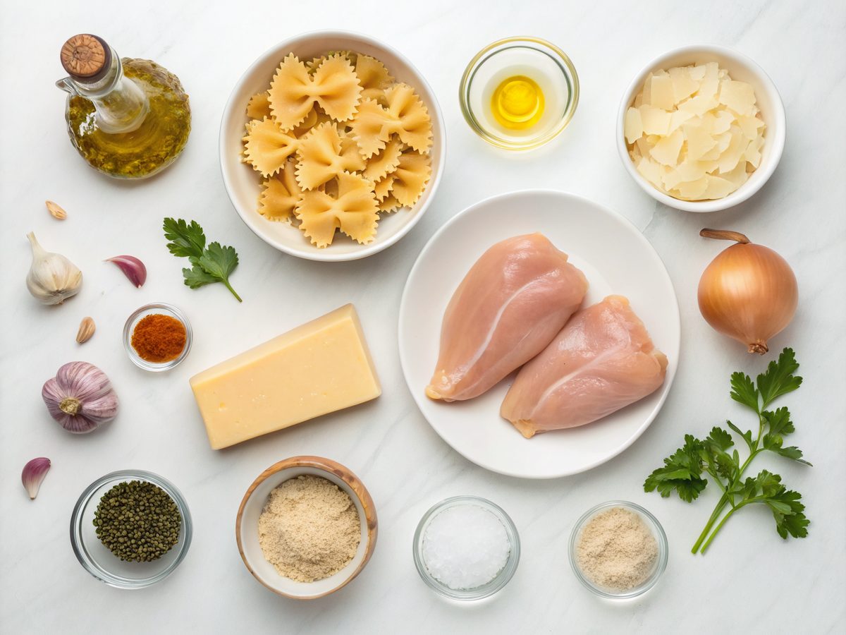 An assortment of colorful ingredients used for Cajun Alfredo Bowties.