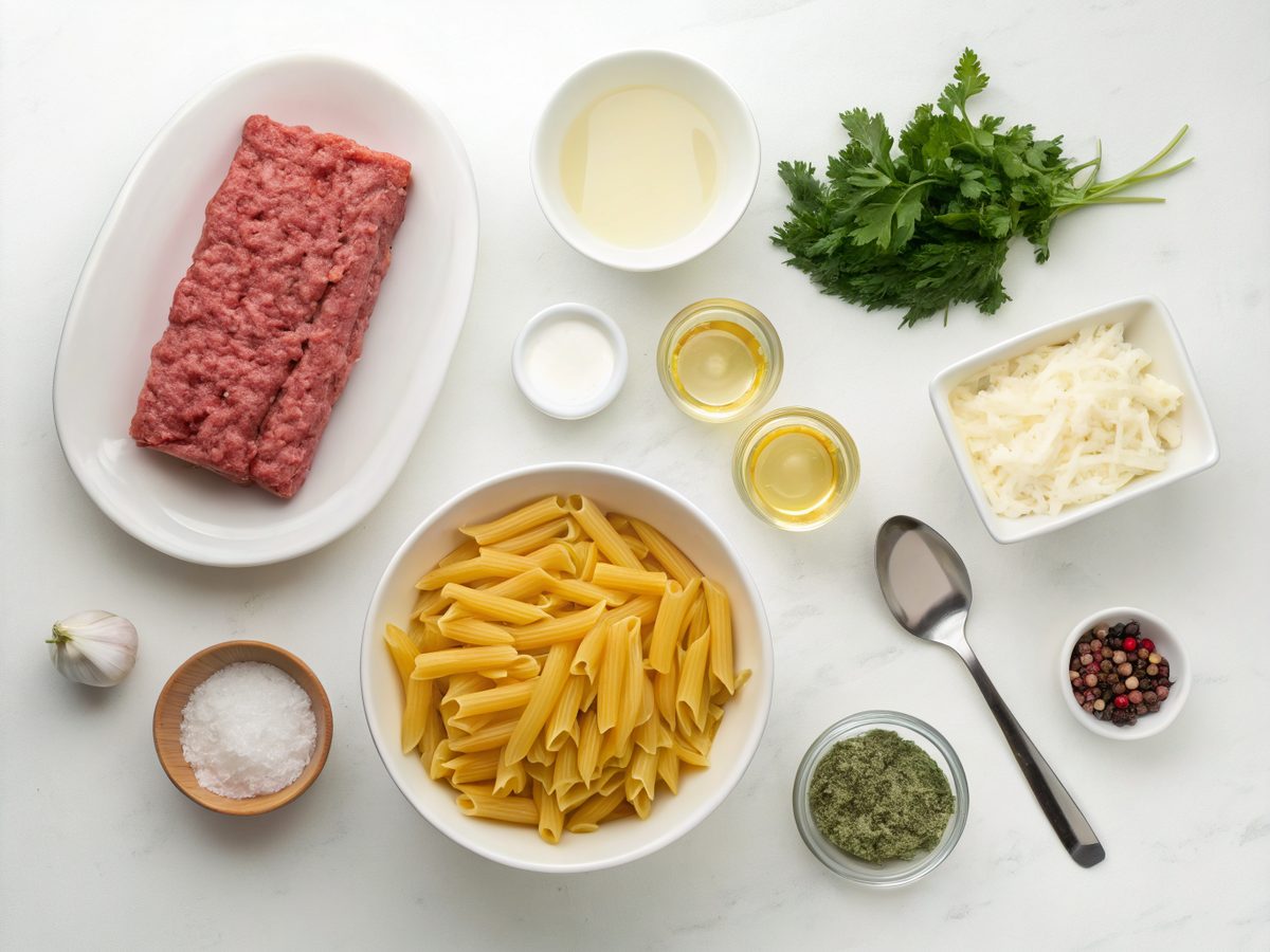 Ingredients for cooking creamy cheesy penne with ground beef, displayed on a table